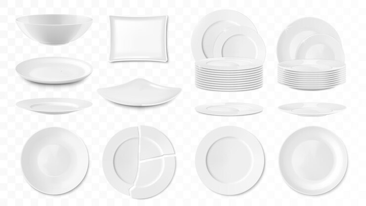 Vecteur ensemble d'assiettes en porcelaine blanche vides de forme et de taille différentes isolées sur fond blanc assiettes ovales rondes carrées et bols à soupe icône plats en céramique conception vectorielle 3d réaliste maquette