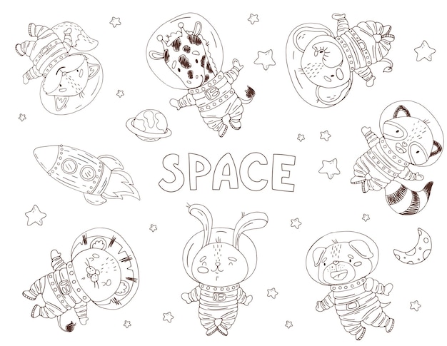 Ensemble d'astronautes d'animaux de dessin animé mignon dans l'espace Dessin au trait dans le style sketch isoler sur fond blanc Illustration vectorielle