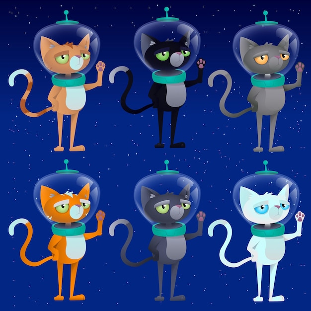 Vecteur ensemble d'astronautes de chat de l'espace mignon de dessin animé