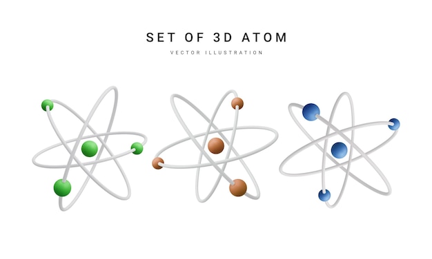 Vecteur ensemble d'atome réaliste 3d avec des électrons orbitaux isolés sur fond blanc énergie nucléaire recherche scientifique chimie moléculaire physique science concept illustration vectorielle