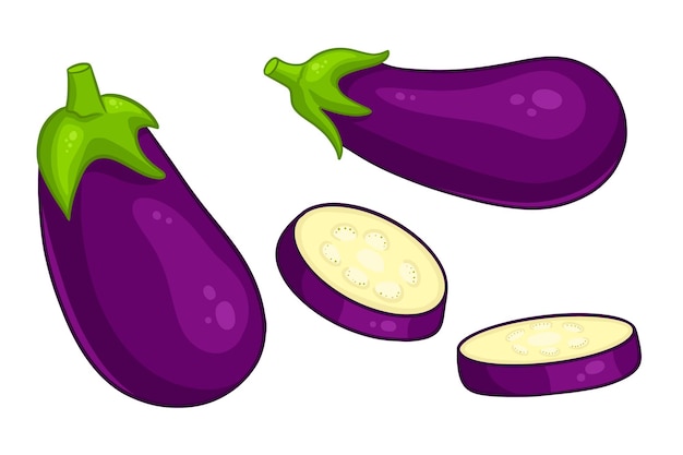 Ensemble d'aubergines Aubergines entières et quartiers coupés Dans un style de dessin animé Illustration vectorielle pour la conception et la décoration