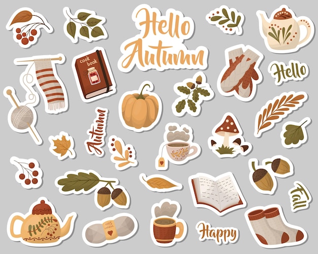 Un ensemble d'autocollants d'automne Collection d'éléments d'automne Illustration vectorielle