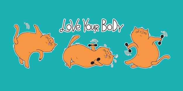 Vecteur ensemble d'autocollants de chats de dessins animés inscription gymnastique positivité du corps chaton avec haltères pose de yoga