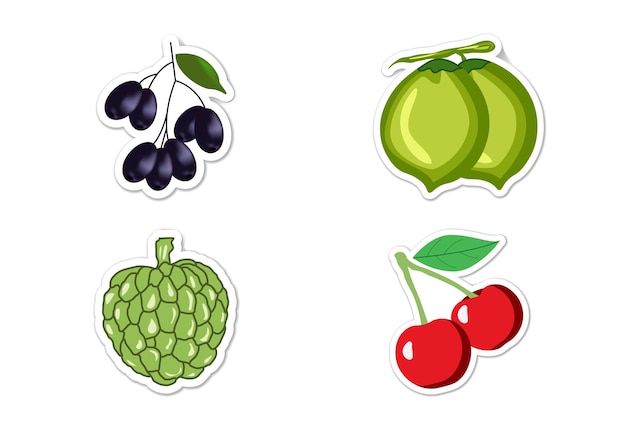 Ensemble D'autocollants De Différents Fruits Illustration Vectorielle Plane