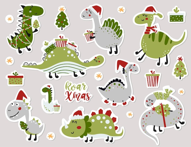 Ensemble D'autocollants Avec Des Dinosaures Mignons. Illustration Vectorielle Pour Cartes De Voeux, Invitations De Noël Et Scrapbooking