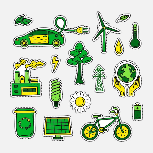 Ensemble D'autocollants Doodle écologie Et Environnement