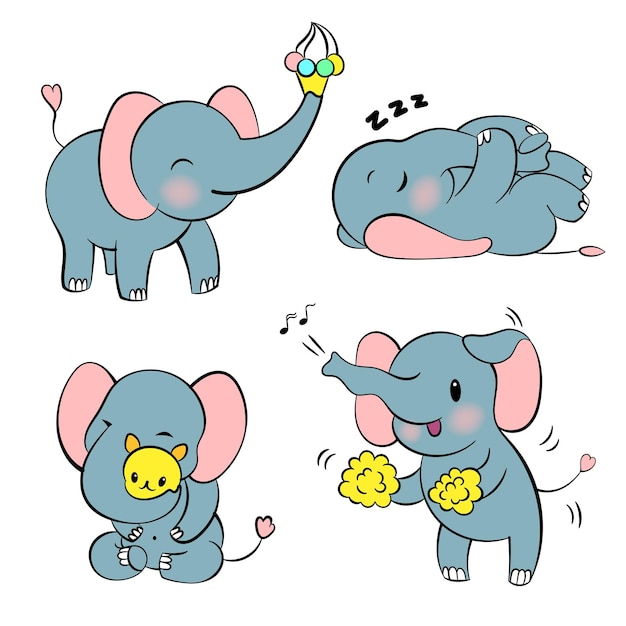 Vecteur ensemble d'autocollants émotionnels avec un autocollant emoji de dessin animé de style kawaii mignon avec des éléphants dans différen...