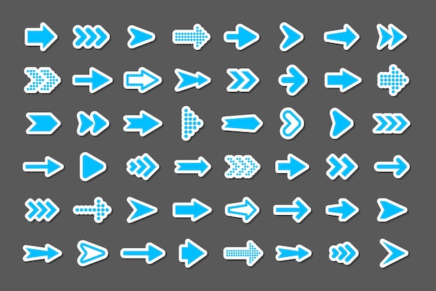 Vecteur ensemble d'autocollants à flèches colorées icones de curseur bleu collecte de pointeurs flèches simples de différentes formes signets web arrière suivants illustration vectorielle