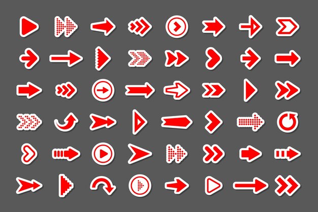 Ensemble d'autocollants à flèches colorées Icones de curseur rouge Collecte de pointeurs Flèches simples de différentes formes Signets Web arrière suivants Illustration vectorielle