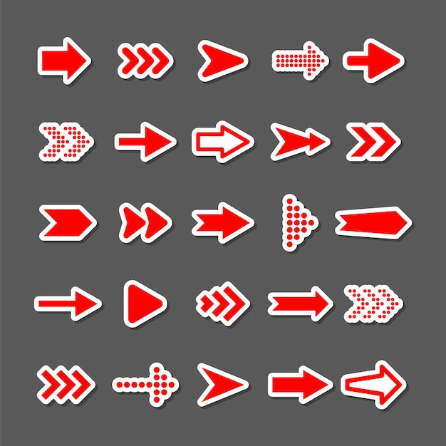 Ensemble d'autocollants à flèches colorées Icones de curseur rouge Collecte de pointeurs Flèches simples de différentes formes Signets Web arrière suivants Illustration vectorielle