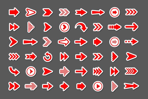 Ensemble d'autocollants à flèches colorées Icones de curseur rouge Collecte de pointeurs Flèches simples de différentes formes Signets Web arrière suivants Illustration vectorielle