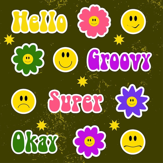 Ensemble D'autocollants De Fleurs De Sourire Mignon Y2k Pop Art Happy Positive Vector Patches Funny Emoticon Groovy