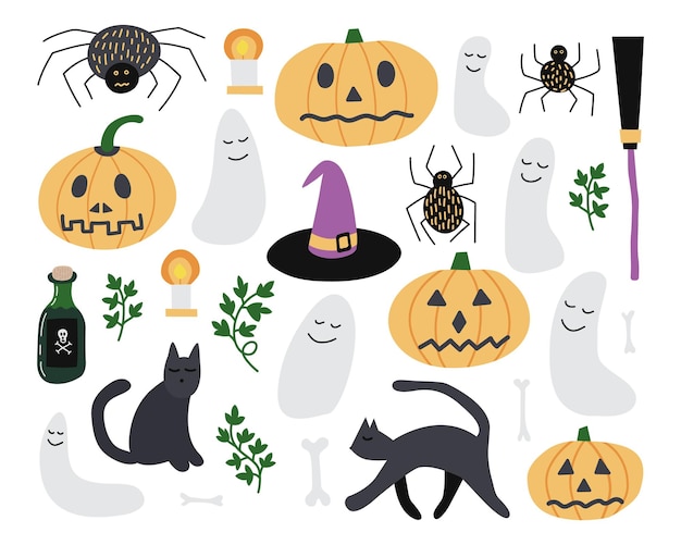 Ensemble D'autocollants D'halloween Vectoriels Objets D'halloween Mignons Dans Un Style De Dessin Animé Balai Fantôme Chapeau De Sorcière Potion Tête De Citrouille Et Araignée