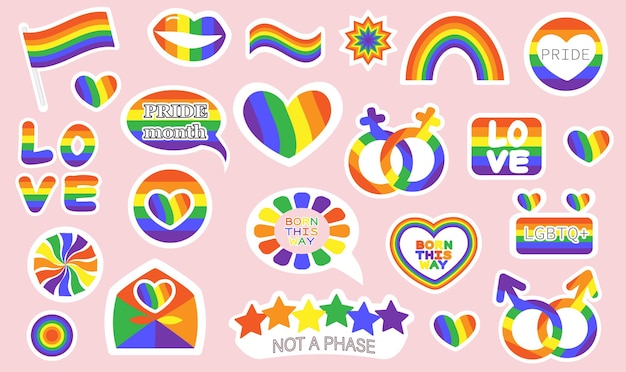 Vecteur un ensemble d'autocollants illustration vectorielle lumineuse symboles fierté gay drapeau lgbt