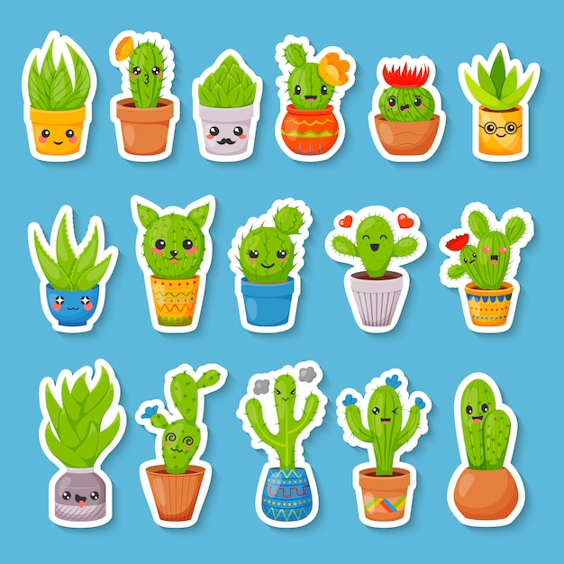 Ensemble d&#39;autocollants mignons de cactus et de plantes succulentes