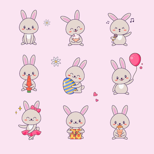 Ensemble d'autocollants de personnage mignon lapin Kawaii. Lapin avec visage d'anime Divers dessin Emoji pour Doodle.