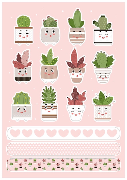 Ensemble d'autocollants de pot de fleur de Kawaii, autocollants mignons de cactus de kawaii, ensemble de ressort de plante de kawaii, plante d'intérieur