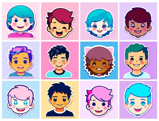 Ensemble d'autocollants en style cartoon en forme de têtes de garçons mignons avec des sourires sur leurs visages Personnes de différentes races avec différentes couleurs de cheveux et de peau Design plat simple