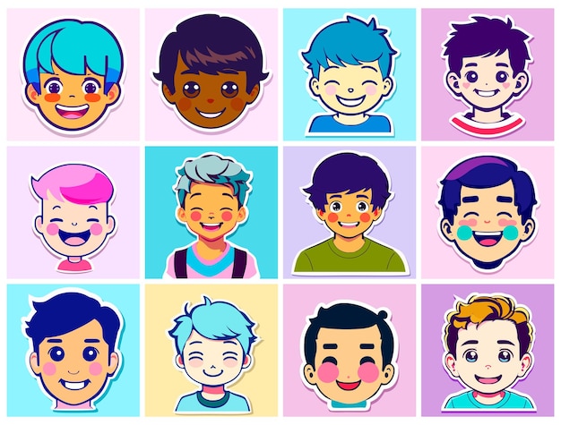 Vecteur ensemble d'autocollants en style dessin animé en forme de têtes de garçons mignons avec des sourires sur leurs visages personnes de différentes races avec différentes couleurs de cheveux et de peau design plat simple