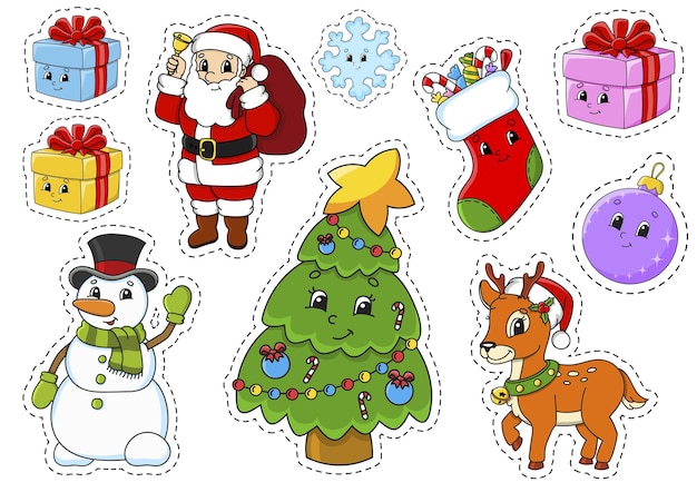 Vecteur ensemble d'autocollants avec le thème de noël de personnages de dessins animés mignons