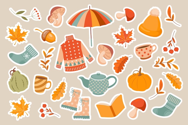 Ensemble d’automne d’autocollants confortables Pull chaussettes citrouilles sorbier champignons parapluie