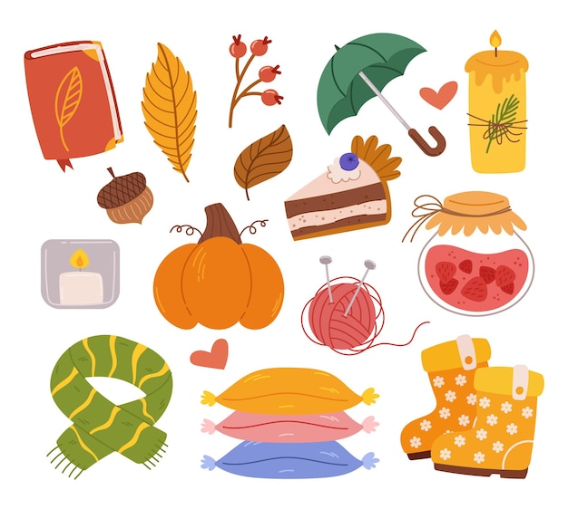 Ensemble d'automne confortable livre de dessin animé feuilles parapluie et bougie allumée gâteau à la citrouille écharpe oreillers et gland avec bottes en caoutchouc Berry Jam Clew avec aiguilles à tricoter icônes d'illustration vectorielle