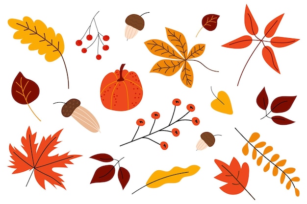 Ensemble d'automne dessiné à la main Illustrations modernes dans un style plat minimal Clipart mignons avec des feuilles de citrouille