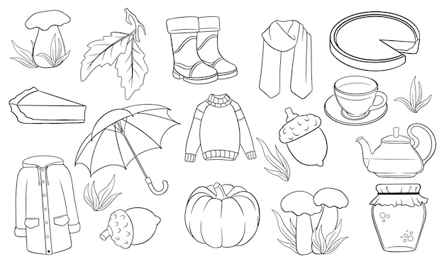 Ensemble d'automne. Grande collection d'articles d'automne. Citrouille, thé, imperméable, écharpe, bottes, champignons, glands en ligne. Illustration vectorielle pour la conception et la décoration.