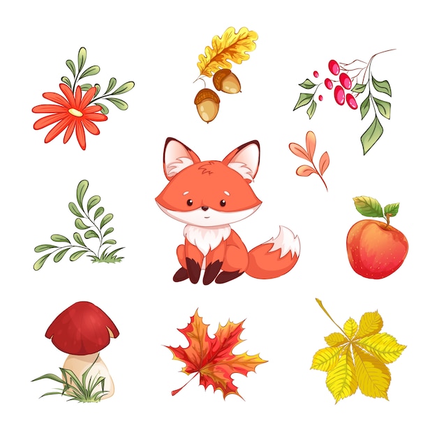 Ensemble D'automne. Un Renard, Des Feuilles Mortes, Des Baies, Des Glands, Une Pomme, Un Champignon, Une Fleur.