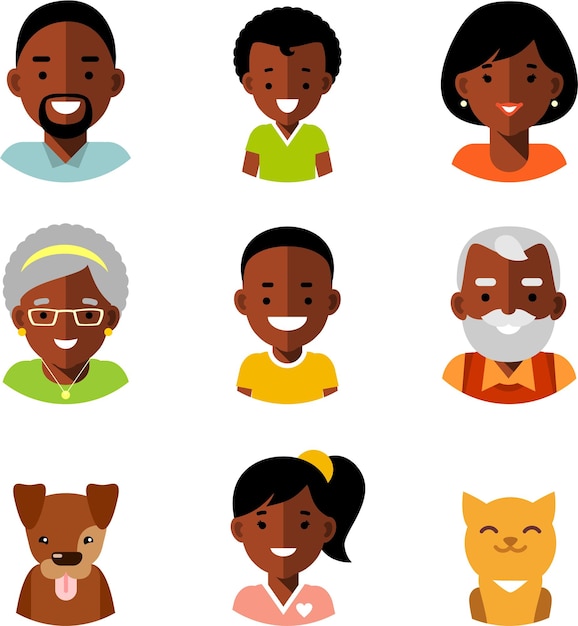 Vecteur ensemble d'avatars de la famille afro-américaine noire avec parents enfants grands-parents animaux de compagnie