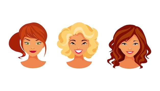 Vecteur ensemble d'avatars féminins avec différents styles de cheveux et couleurs de cheveux. illustration vectorielle
