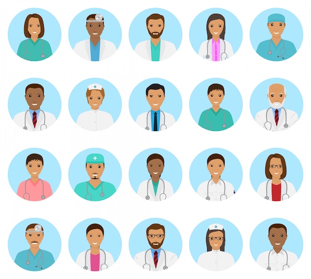 Ensemble d'avatars de personnages médecins et infirmières. Icônes de personnes médicales de visages sur fond bleu.