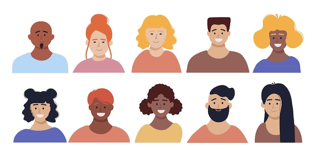 Ensemble d'avatars de personnages de personnes heureuses Hommes et femmes de différentes cultures et nationalités