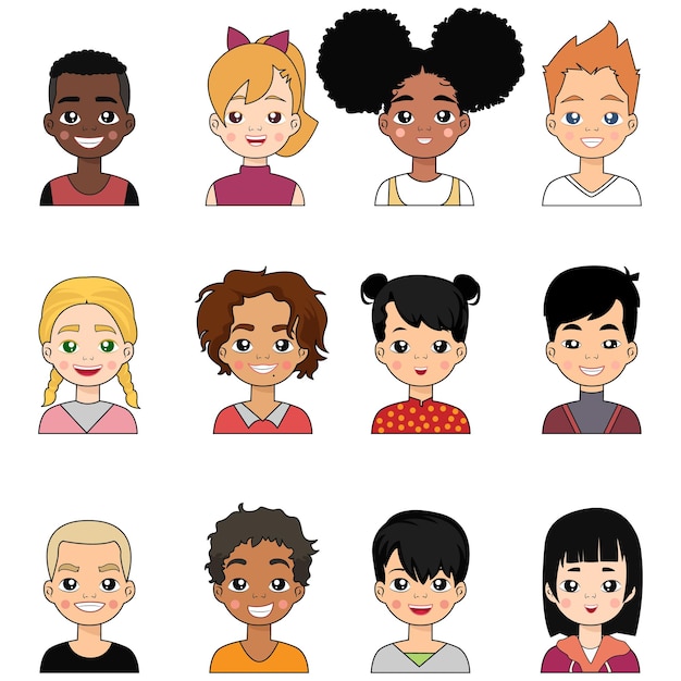 Vecteur ensemble d'avatars de personnages pour enfants de différents pays