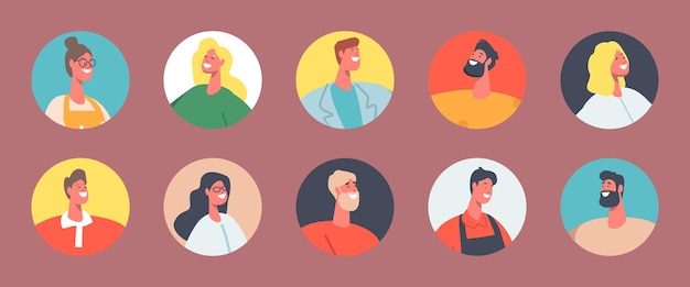 Ensemble D'avatars De Personnes, De Personnages Masculins Et Féminins Avec Une Apparence Différente. Portraits D'hommes Ou De Femmes Jeunes Et Matures Pour Les Médias Sociaux Et La Conception De Sites Web. Illustration Vectorielle De Dessin Animé, Icônes Rondes Isolées.