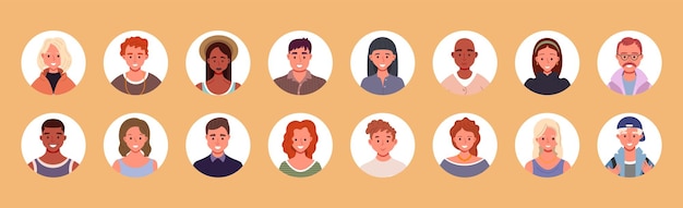 Vecteur ensemble d'avatars de personnes portraits d'utilisateurs en cercles icônes de visage humain masculin et féminin