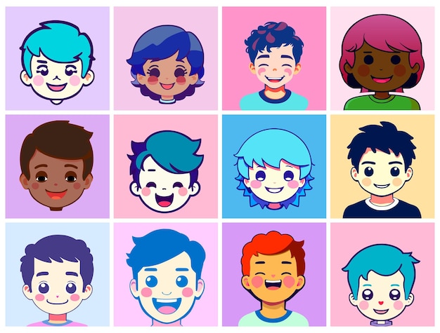 Ensemble d'avatars de style dessin animé en forme de têtes de garçons mignons avec des sourires sur leurs visages Personnes de différentes races avec différentes couleurs de cheveux et de peau Design plat simple