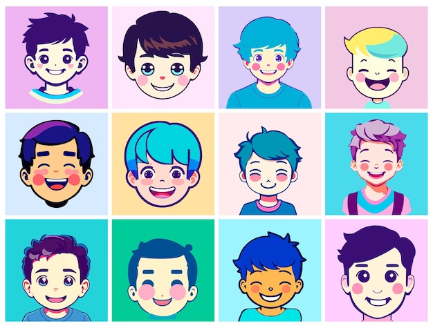 Ensemble d'avatars de style dessin animé en forme de têtes de garçons mignons avec des sourires sur leurs visages Personnes de différentes races avec différentes couleurs de cheveux et de peau Design plat simple