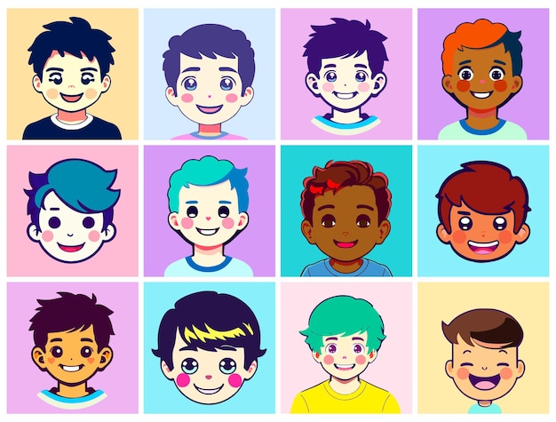 Ensemble D'avatars De Style Dessin Animé En Forme De Têtes De Garçons Mignons Avec Des Sourires Sur Leurs Visages Personnes De Différentes Races Avec Différentes Couleurs De Cheveux Et De Peau Design Plat Simple