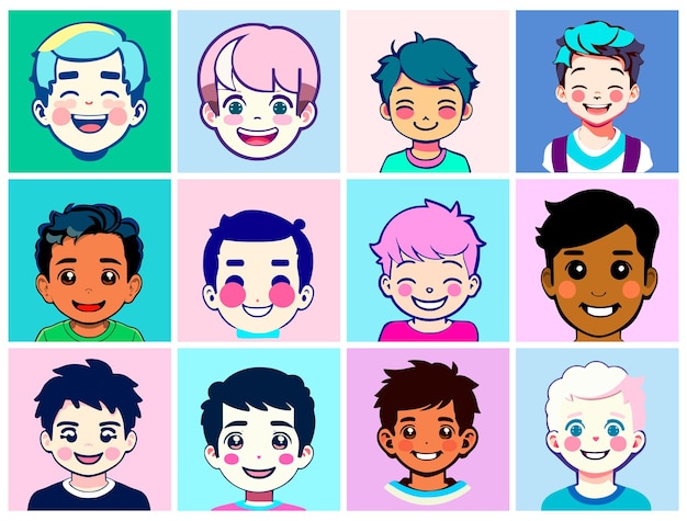 Vecteur ensemble d'avatars de style dessin animé en forme de têtes de garçons mignons avec des sourires sur leurs visages personnes de différentes races avec différentes couleurs de cheveux et de peau design plat simple