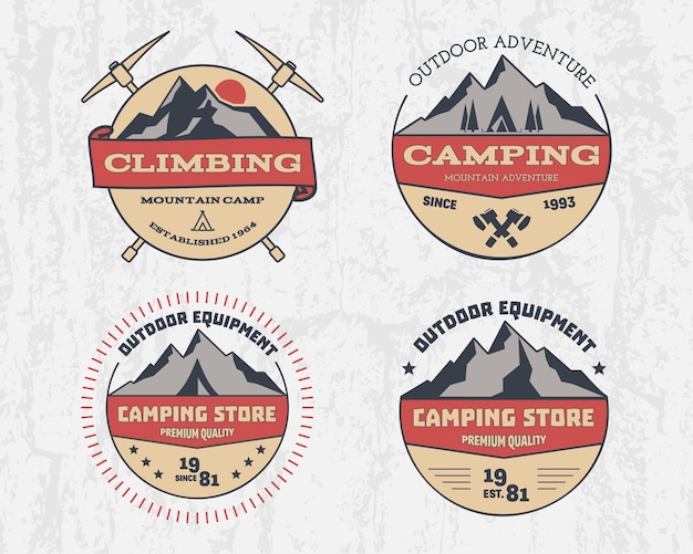 Ensemble D'aventure De Camping En Plein Air De Couleur Rétro Et Montagne, Escalade, Logo Insigne De Randonnée, Emblème, étiquette. Design Vintage.