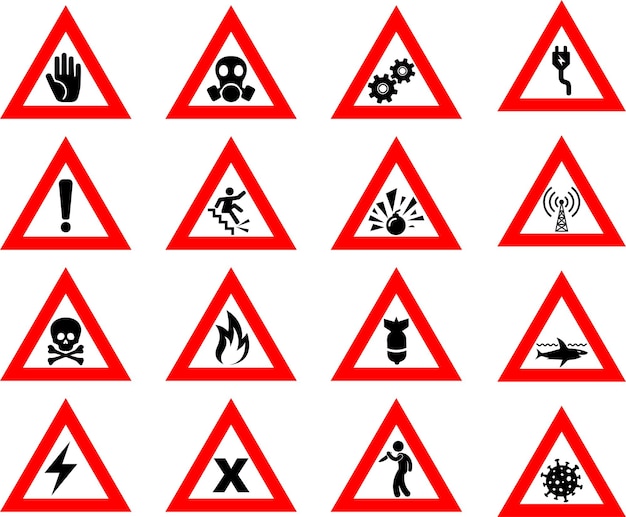 Vecteur ensemble d'avertissement illustré ou collection de signes de danger