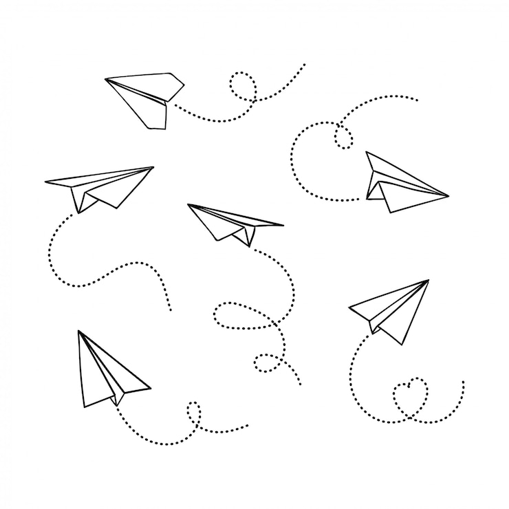 Vecteur ensemble d'avion en papier doodle dessiné main isolé sur fond blanc. symbole d'icône de ligne de voyage et d'itinéraire.