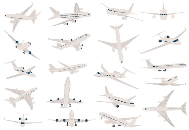 Vecteur ensemble d'avions de passagers blancs sur un vecteur de fond blanc