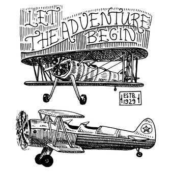 Ensemble d'avions de passagers corncob ou illustration de voyage d'aviation d'avion gravée à la main dessinée dans le transport vintage de style ancien croquis