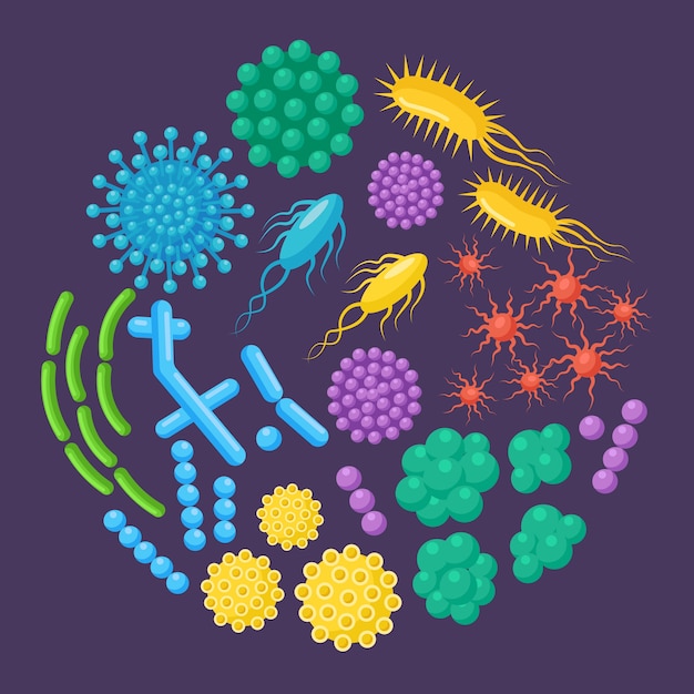 Vecteur ensemble de bactéries, microbes, virus, germes.