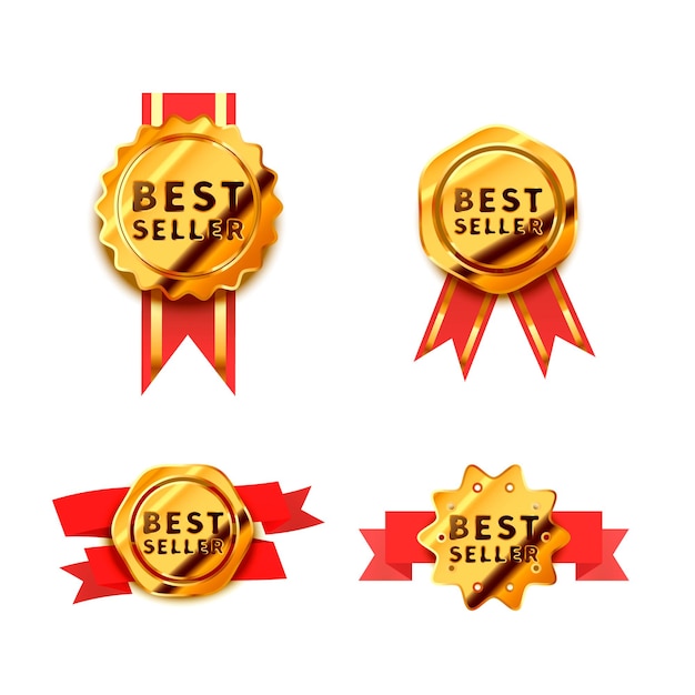 Ensemble De Badges Dorés Brillants Avec Ruban Rouge, Icônes Best-seller Brillant Isolé Sur Blanc