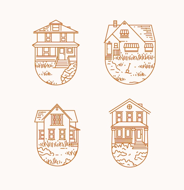 Ensemble de badges de maison différentes formes dessinant dans un style plat sur fond beige