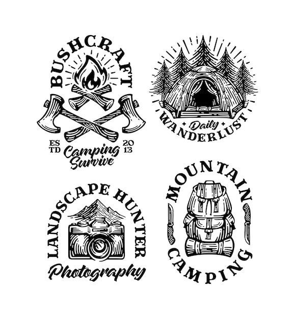 Vecteur ensemble de badges de montagne de lot de logo camp vintage