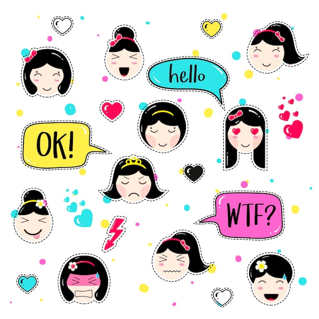 Ensemble de badges patch mignon. Emoji fille avec différentes émotions et coiffures. Émoticônes kawaii, bulles : bonjour, ok, wtf. Ensemble d'autocollants, épingles de style anime. Illustration vectorielle isolée.